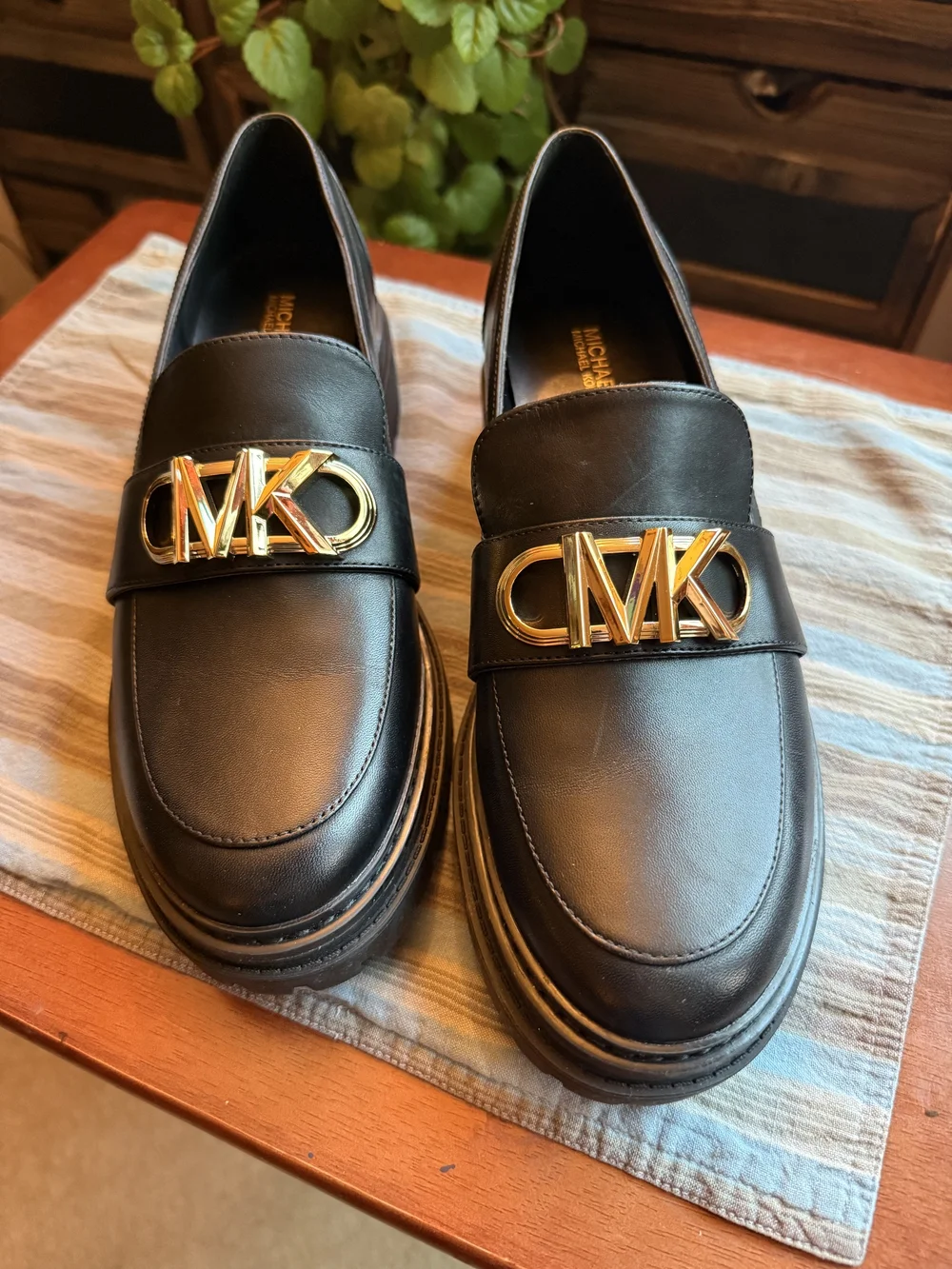 Michael Kors ParkerBlack Leather Sole Loafers with Gold MK Emblem